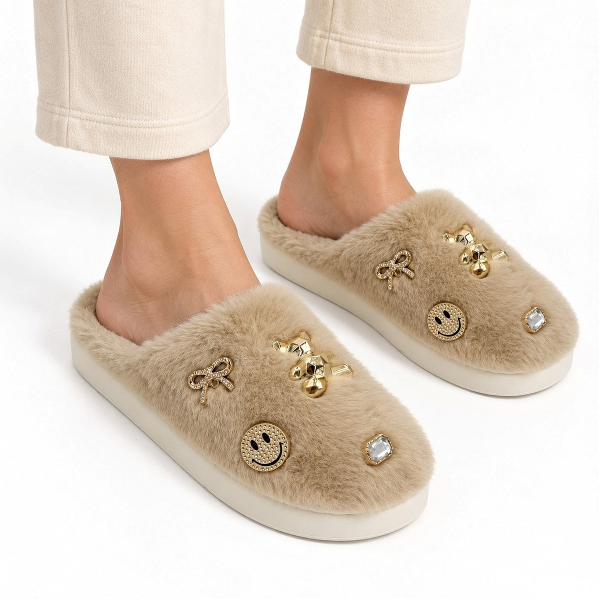 Women's Faux Fur Embellished Slip-On Mule Slippers