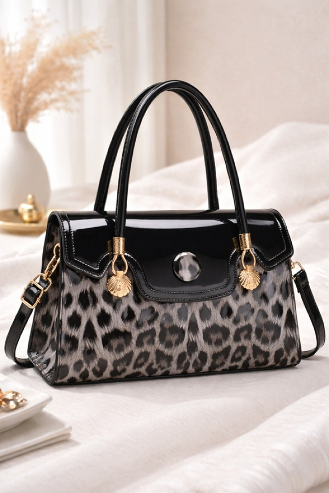 Women's Leopard Print Patent Leather Satchel Bag Black Top HandlePurse