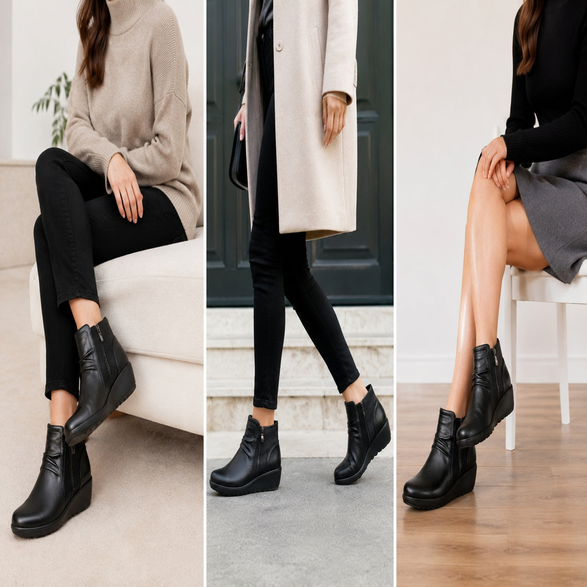 Women’s Black Faux Leather Wedge Ankle Boots with Side Zip