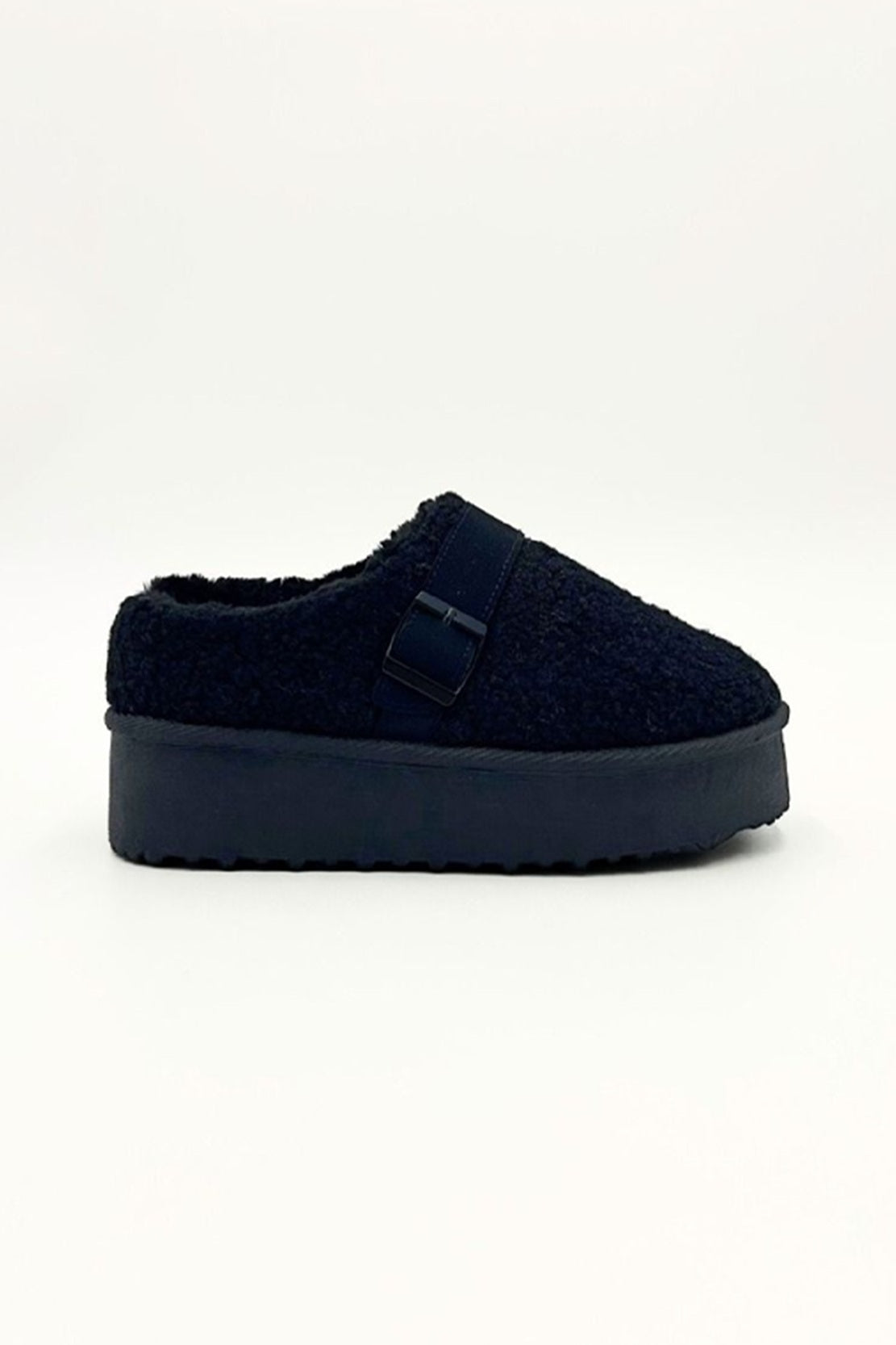 Women’s Navy Fleece Platform Slippers – Cozy Buckle Strap Mule Shoes