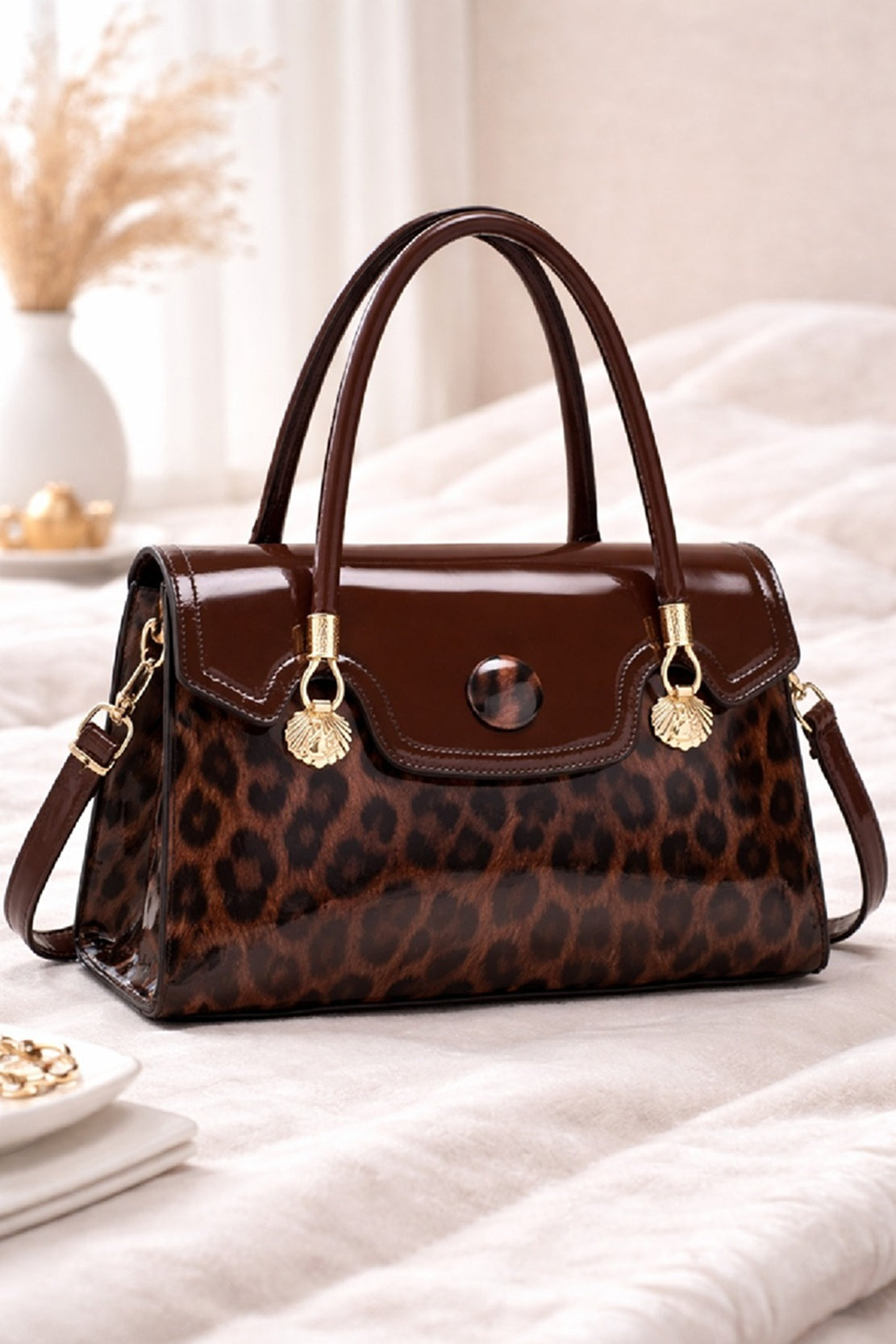 Women's Leopard Print Patent Leather Satchel Bag Brown Top HandlePurse