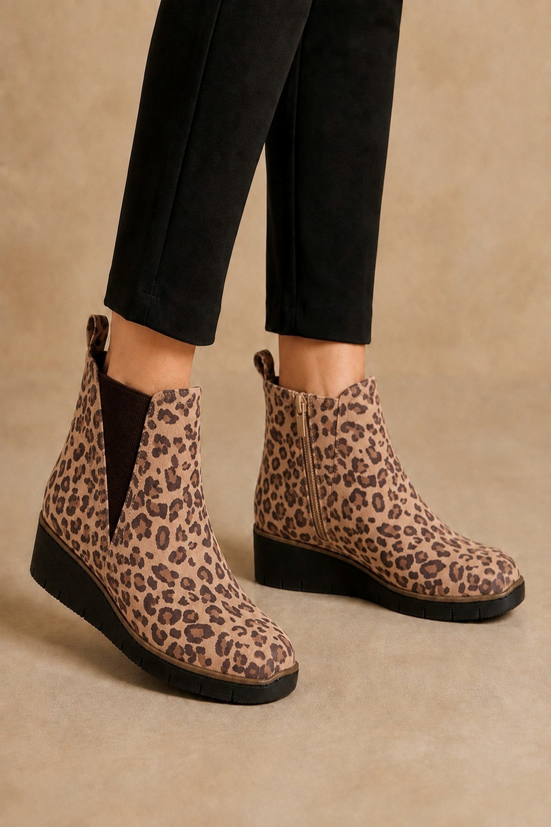 Leopard Wedge Boots with V-Gusset and Side Zip