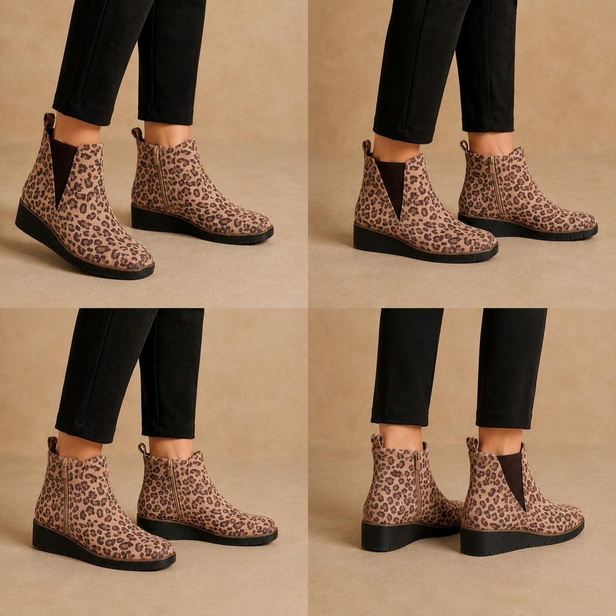 Leopard Wedge Boots with V-Gusset and Side Zip