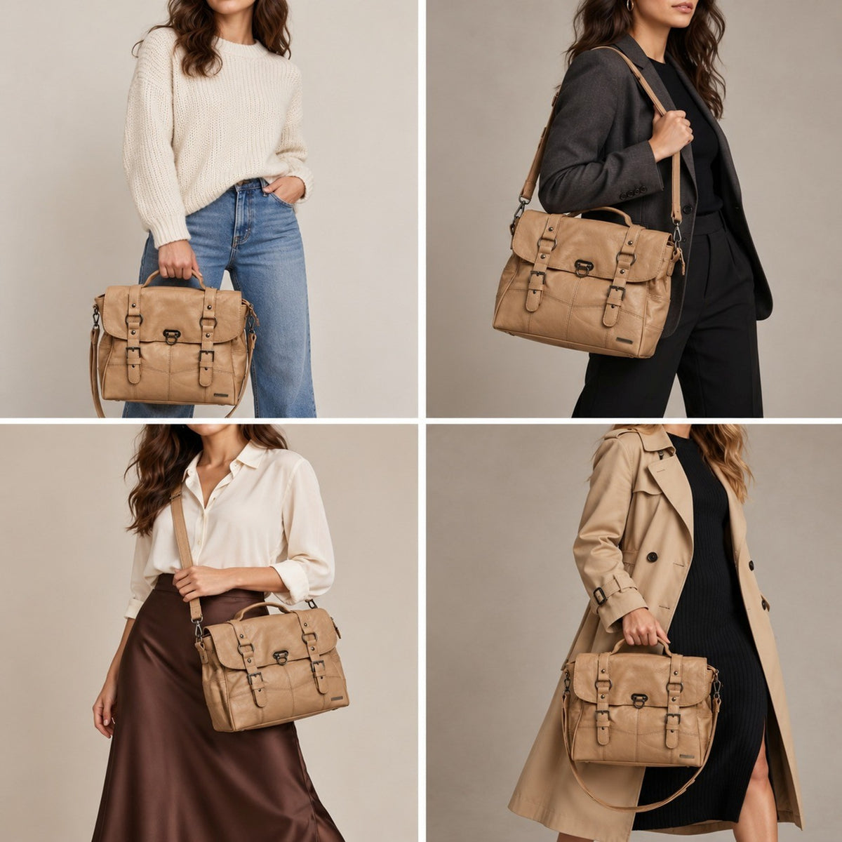 Women's Vintage Buckle Detail Multi-Pocket Satchel Bag