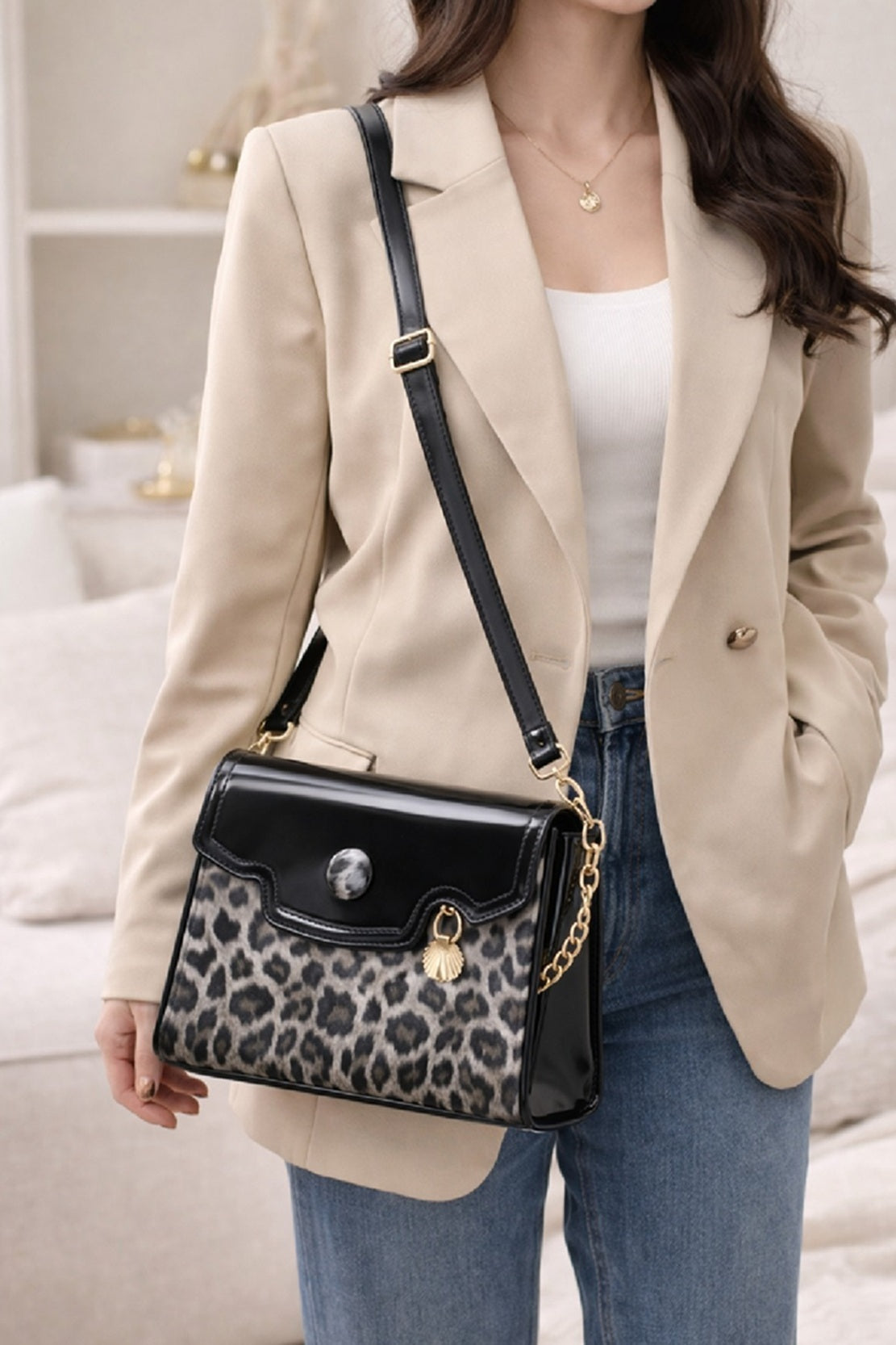 Women's Leopard Print Patent Leather Satchel Bag Black Top HandlePurse