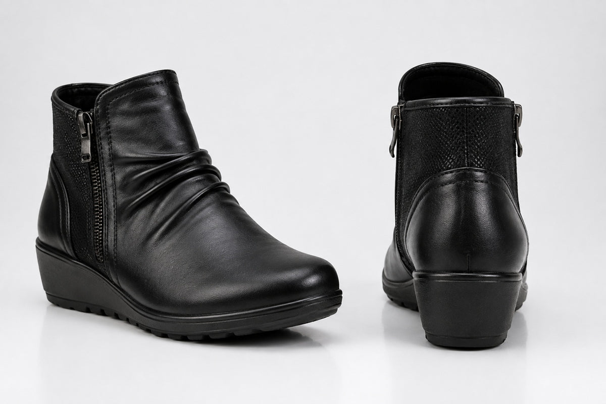 Women’s Black Faux Leather Wedge Ankle Boots with Side Zip