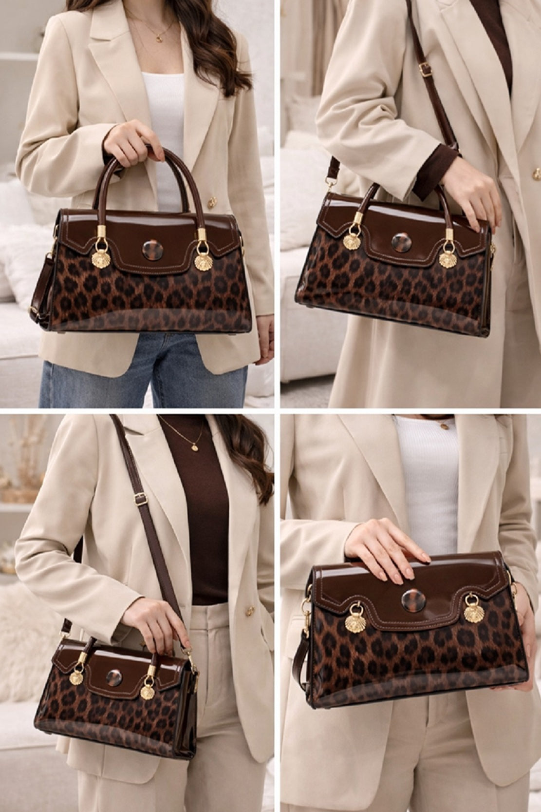 Women's Leopard Print Patent Leather Satchel Bag Brown Top HandlePurse