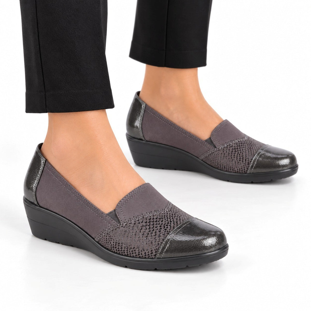 Wedge Loafers - Comfortable Slip On Shoes with Perforated Upper