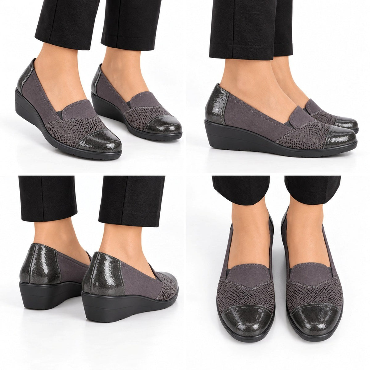 Wedge Loafers - Comfortable Slip On Shoes with Perforated Upper