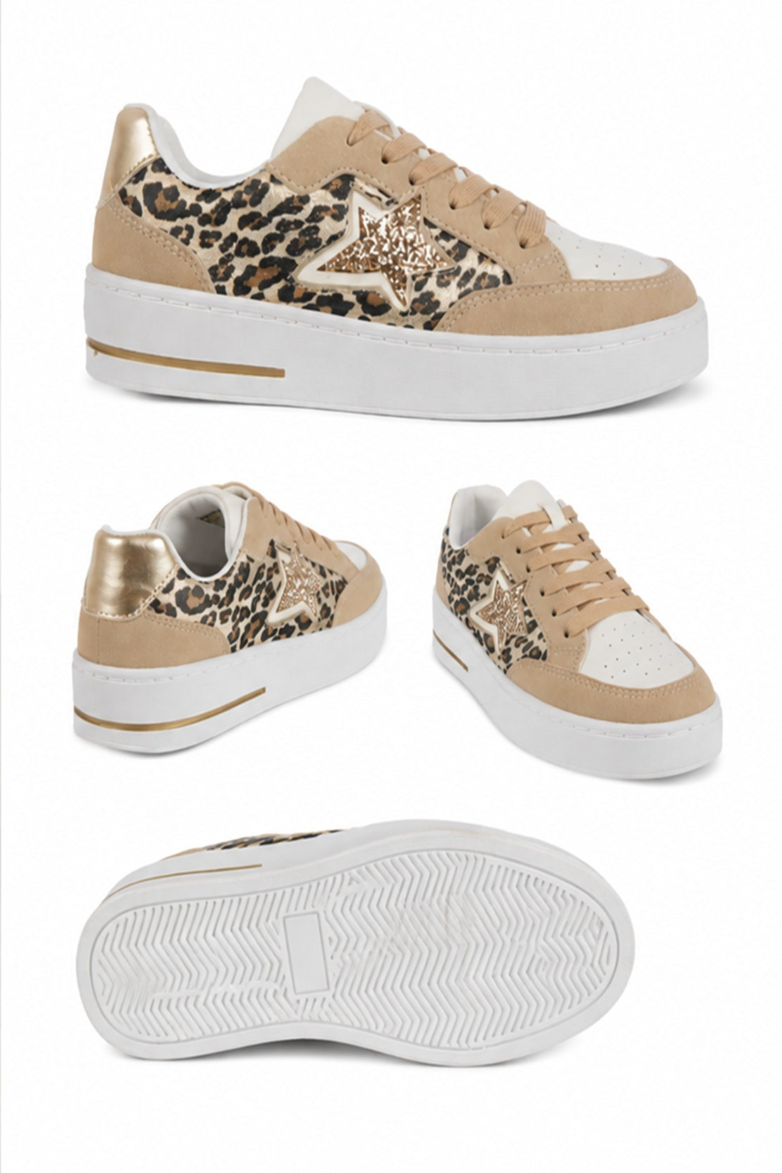 Women's Star Patch Leopard Print Sneakers Casual Fashion Lace-Up Shoes