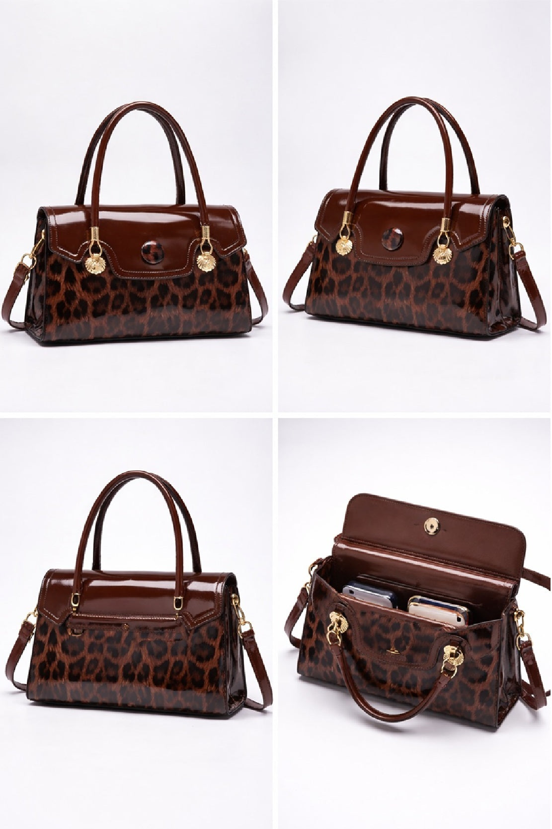 Women's Leopard Print Patent Leather Satchel Bag Brown Top HandlePurse
