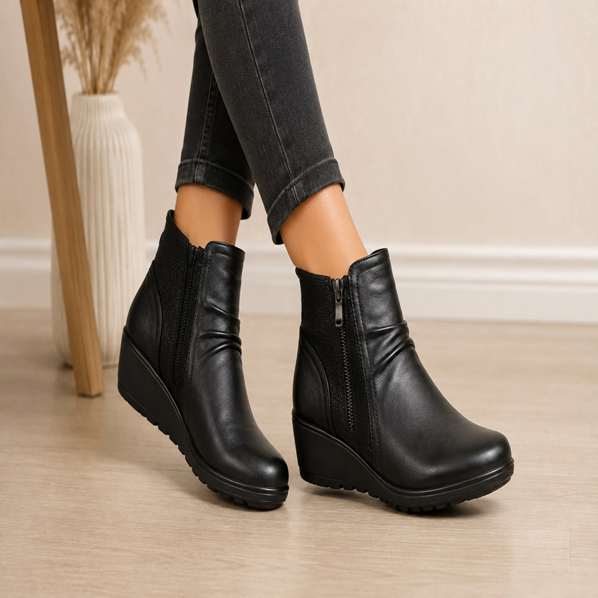 Women’s Black Faux Leather Wedge Ankle Boots with Side Zip