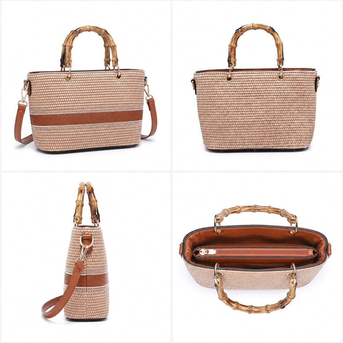 Women’s Woven Bamboo Handle Tote Bag