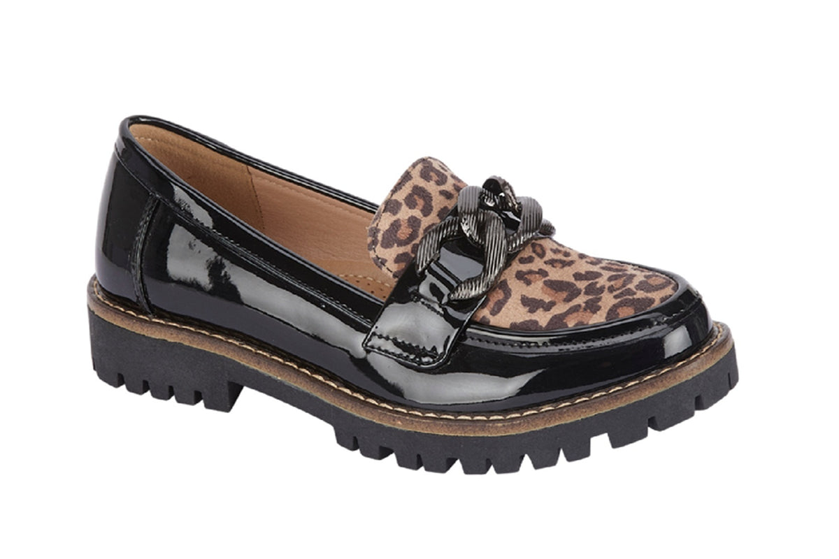 Women’s Patent Loafers with Leopard Detail – Chunky Sole Black Shoes