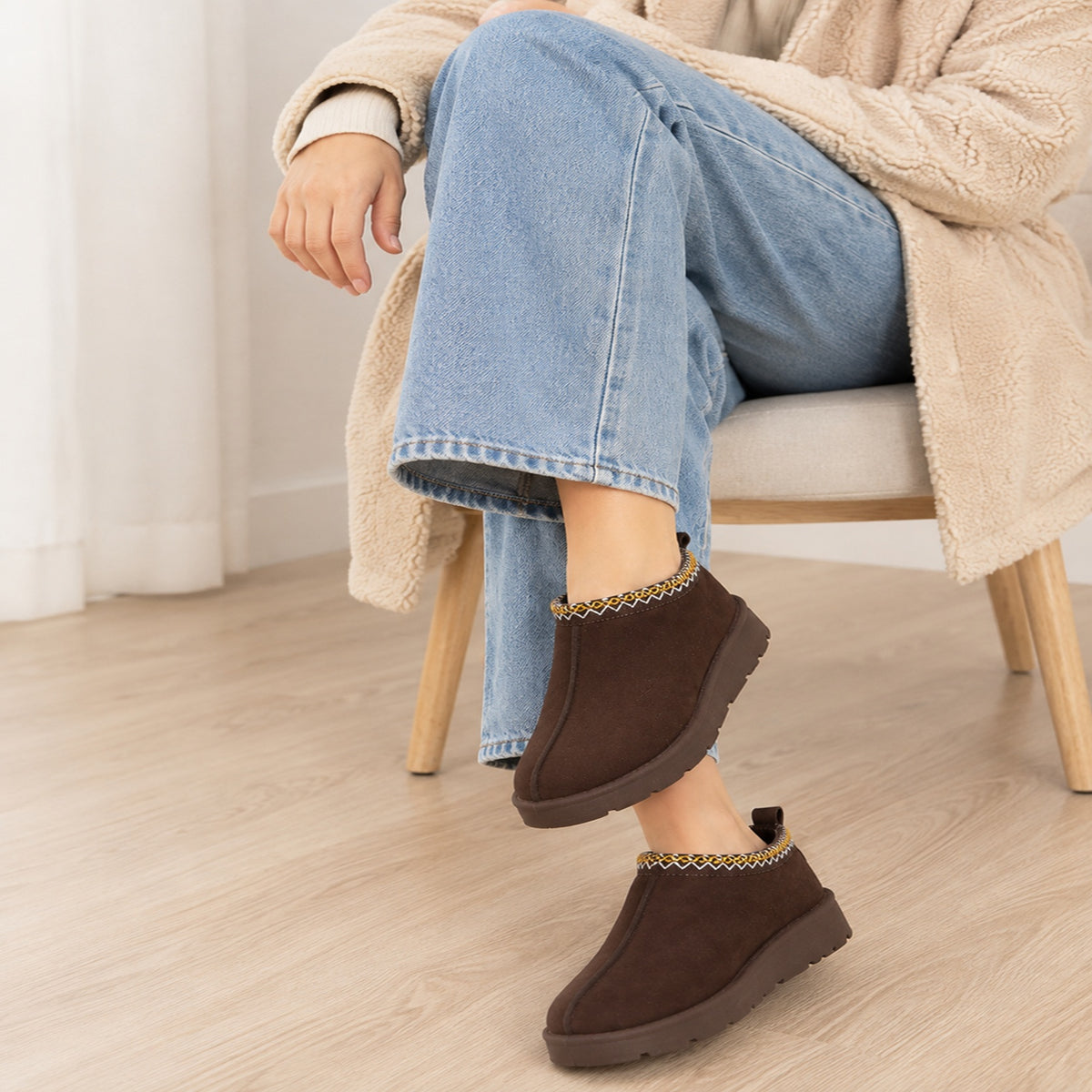 Brown Faux Suede Embroidered Aztec Cozy Slipper Boots