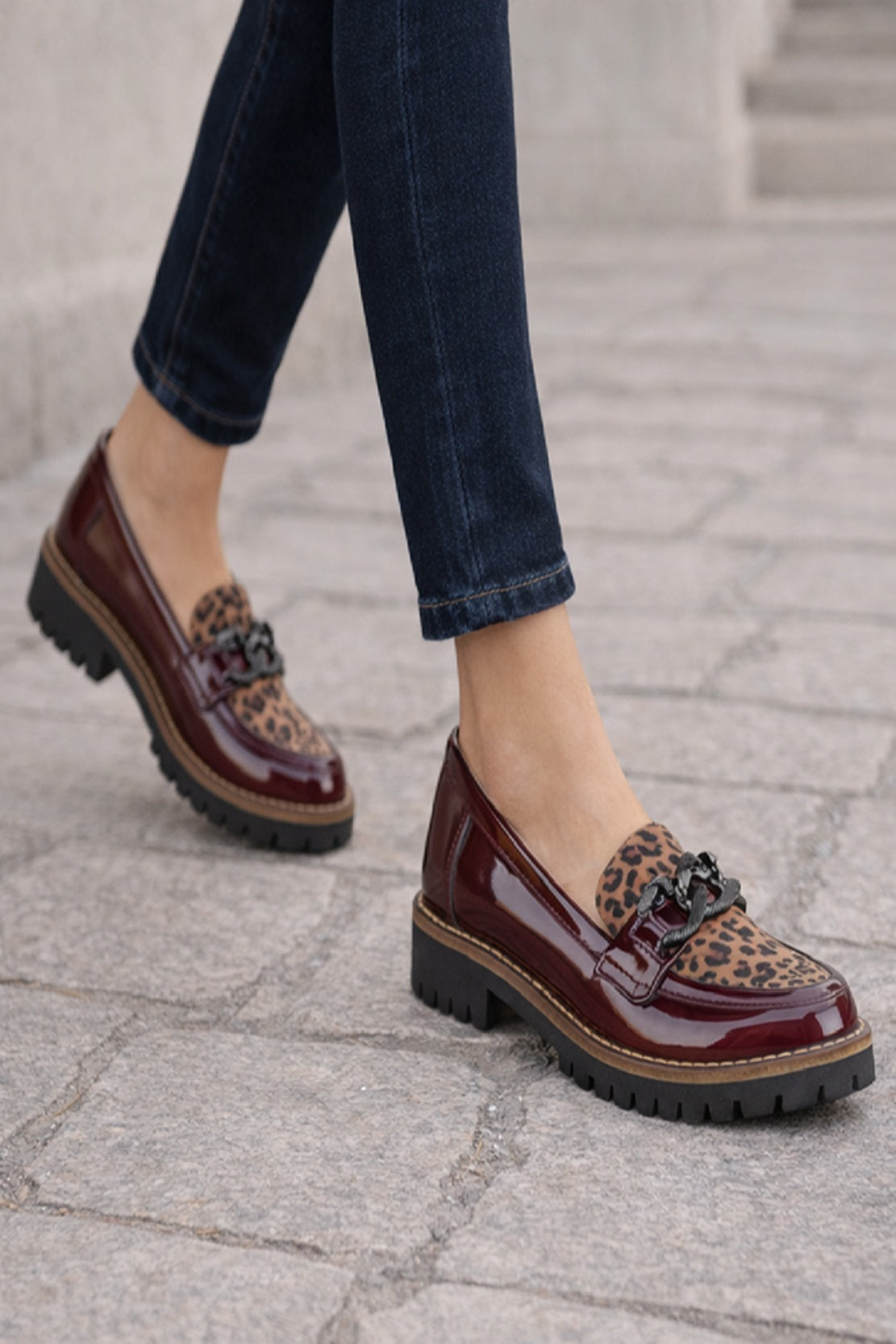Women’s Patent Loafers with Leopard Detail – Chunky Sole Casual Shoes
