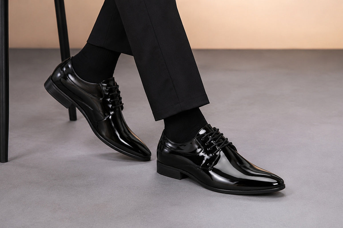 Men’s Black Patent Oxford Shoes – Glossy Lace-Up Formal Dress Shoes