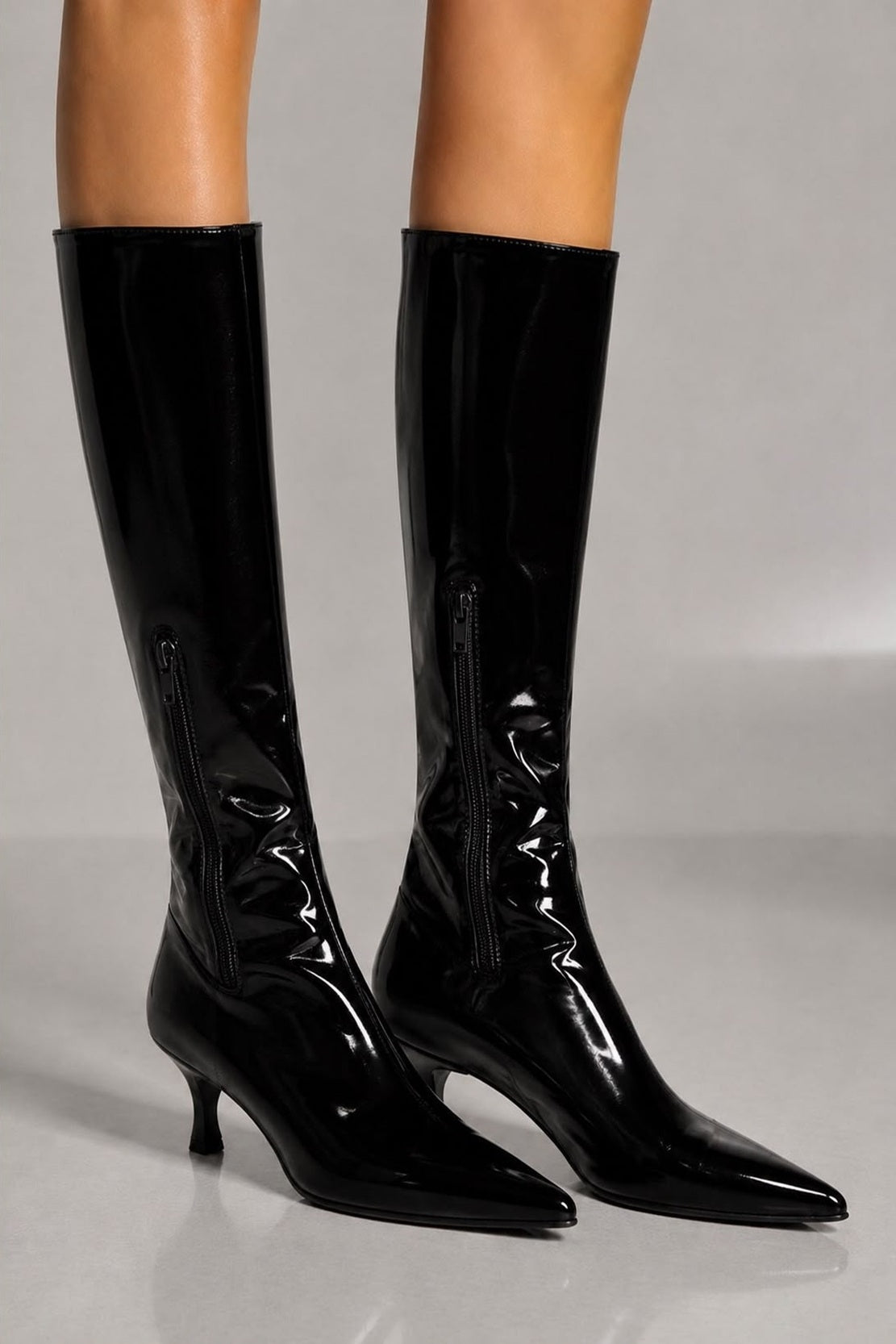Women Pointed High Shine Kitten Heel Half Zip Knee High Boots