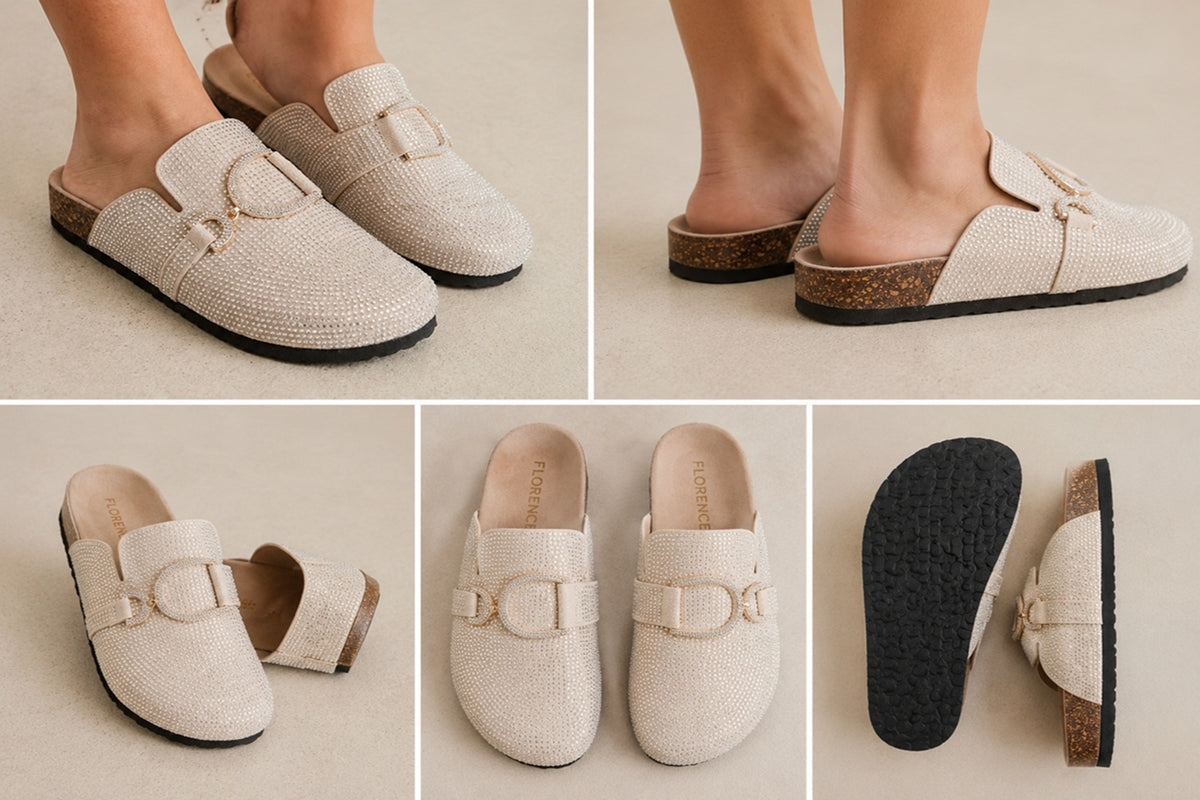 Sparkle Crystal Beige Suede Slip-On Clog Mules