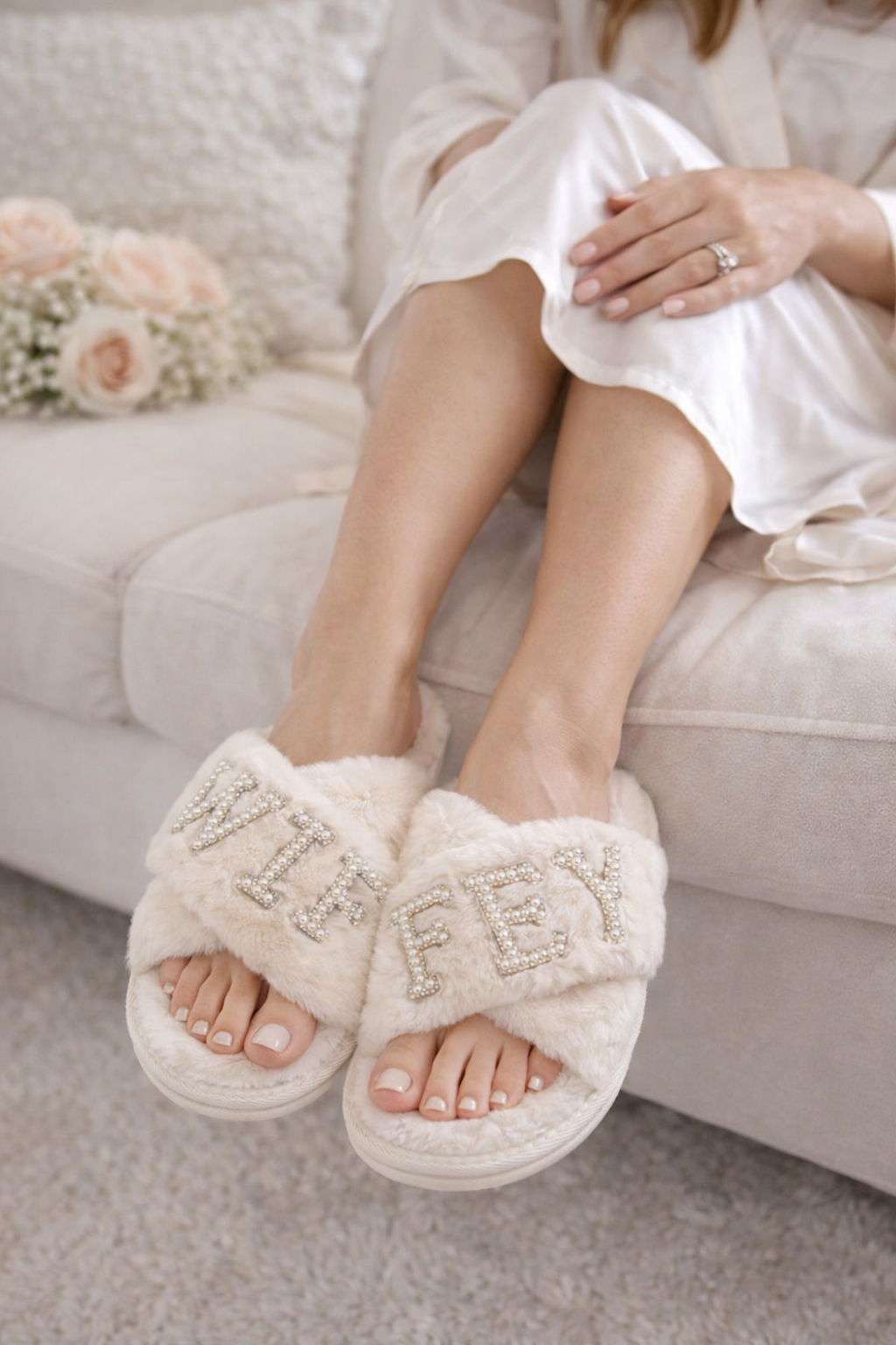 Fluffy WIFEY Beaded Rhinestone Letter  Slippers – Soft Slides