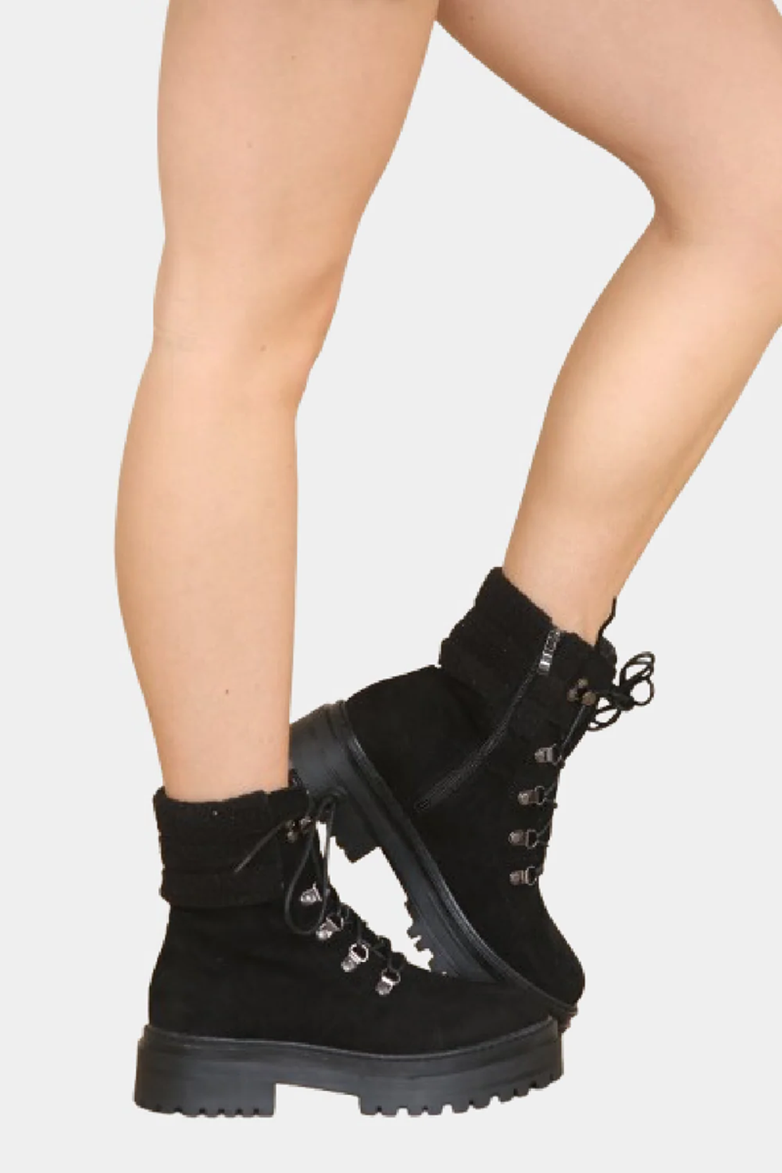 Black Suede Fur Collar Lace up Ankle Boots