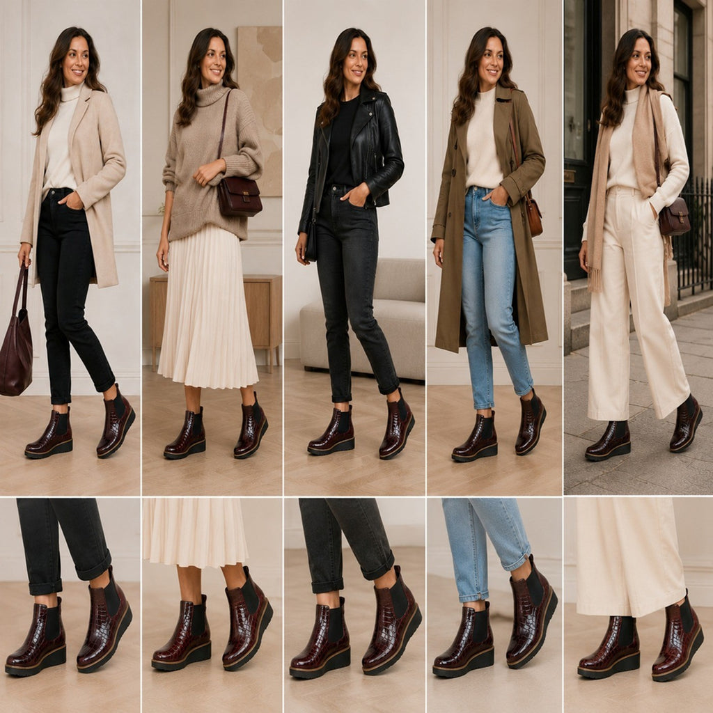 Burgundy Wedge Twin Gusset Ankle Boots Patent