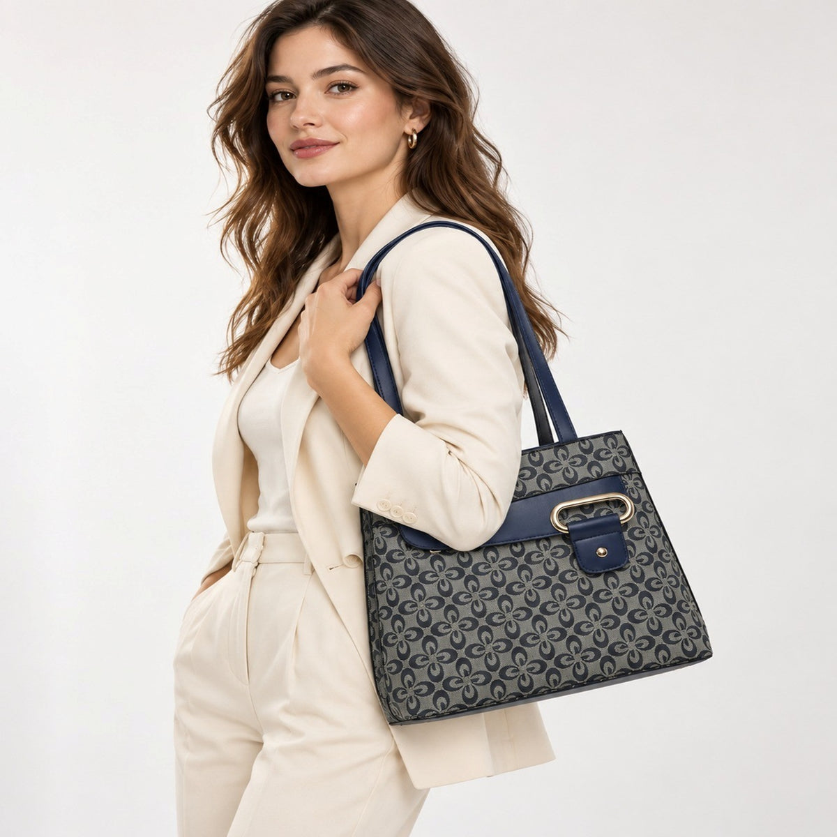 Women's Patterned Tote Shoulder Handbag with Buckle Detail