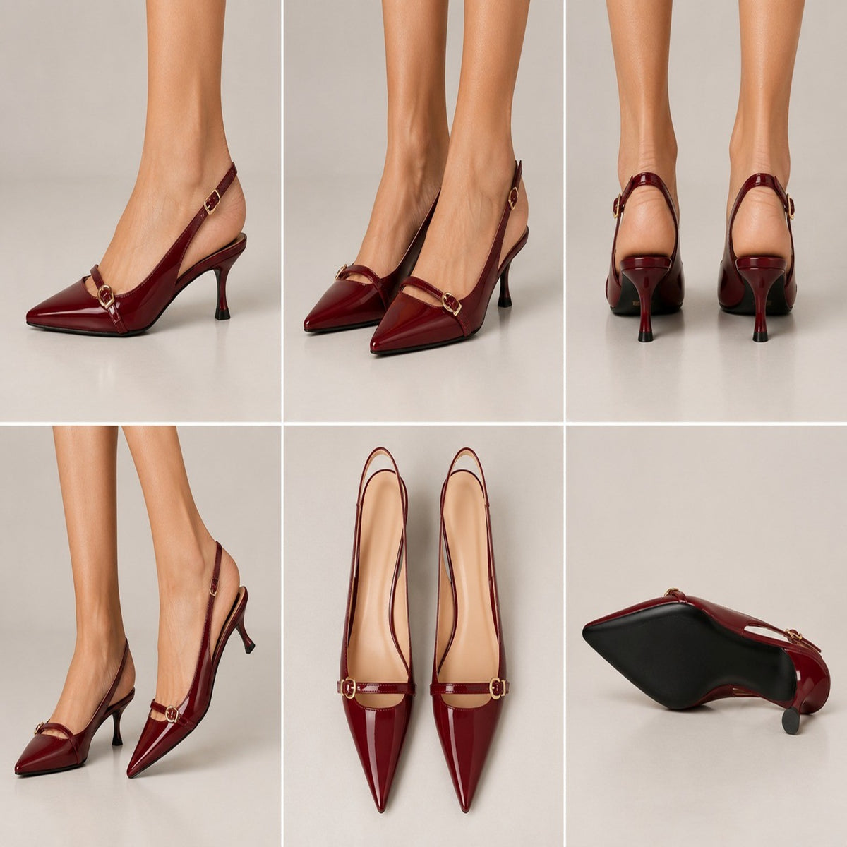 Burgundy Patent Leather Slingback Kitten Heels with Buckle Strap