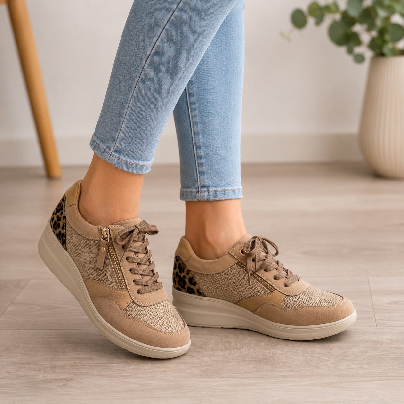Women's Taupe Leopard Panel Comfort Wedge Trainers