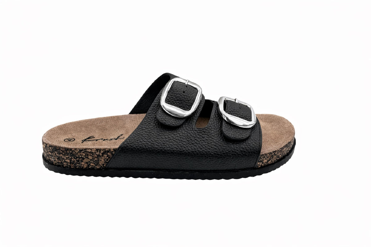 Black PU Leather Silver Buckle slider slip-on Slides