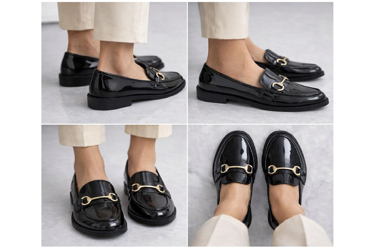 Black Patent Loafers - Glossy Metal Bit Slip-On Flat Shoes
