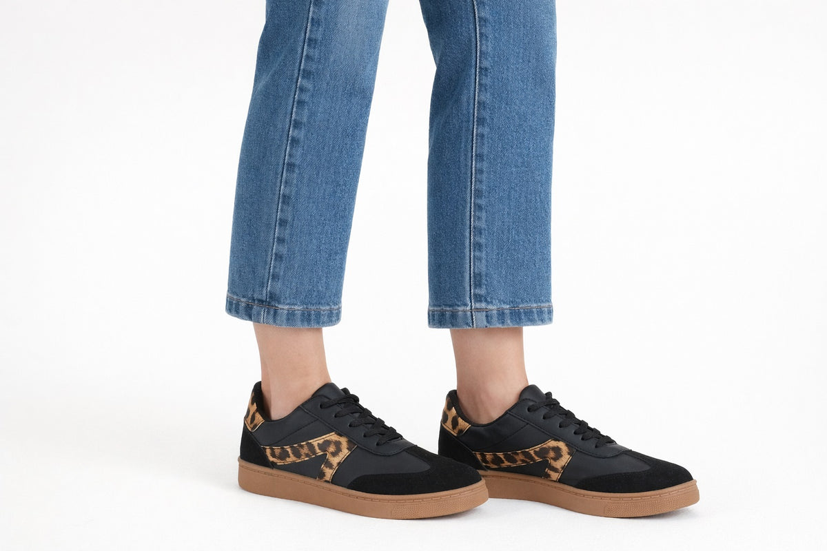 Women's Lace-Up Sneakers with Leopard Detail - Casual Low-Top Shoes