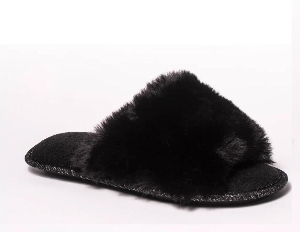 Women's Black Faux Fur Slippers - Soft Cushioned Slip-On House Slides