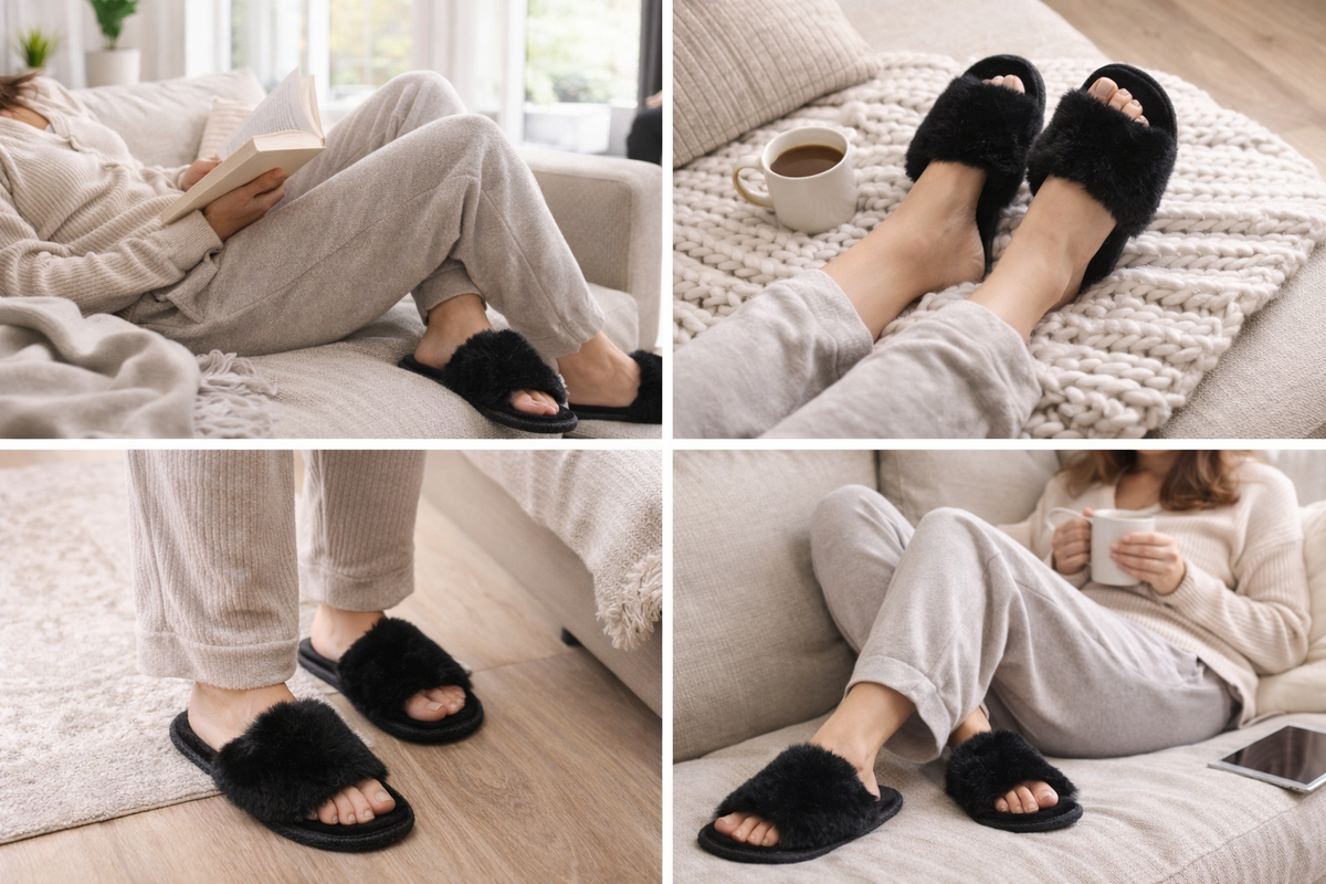 Women's Black Faux Fur Slippers - Soft Cushioned Slip-On House Slides
