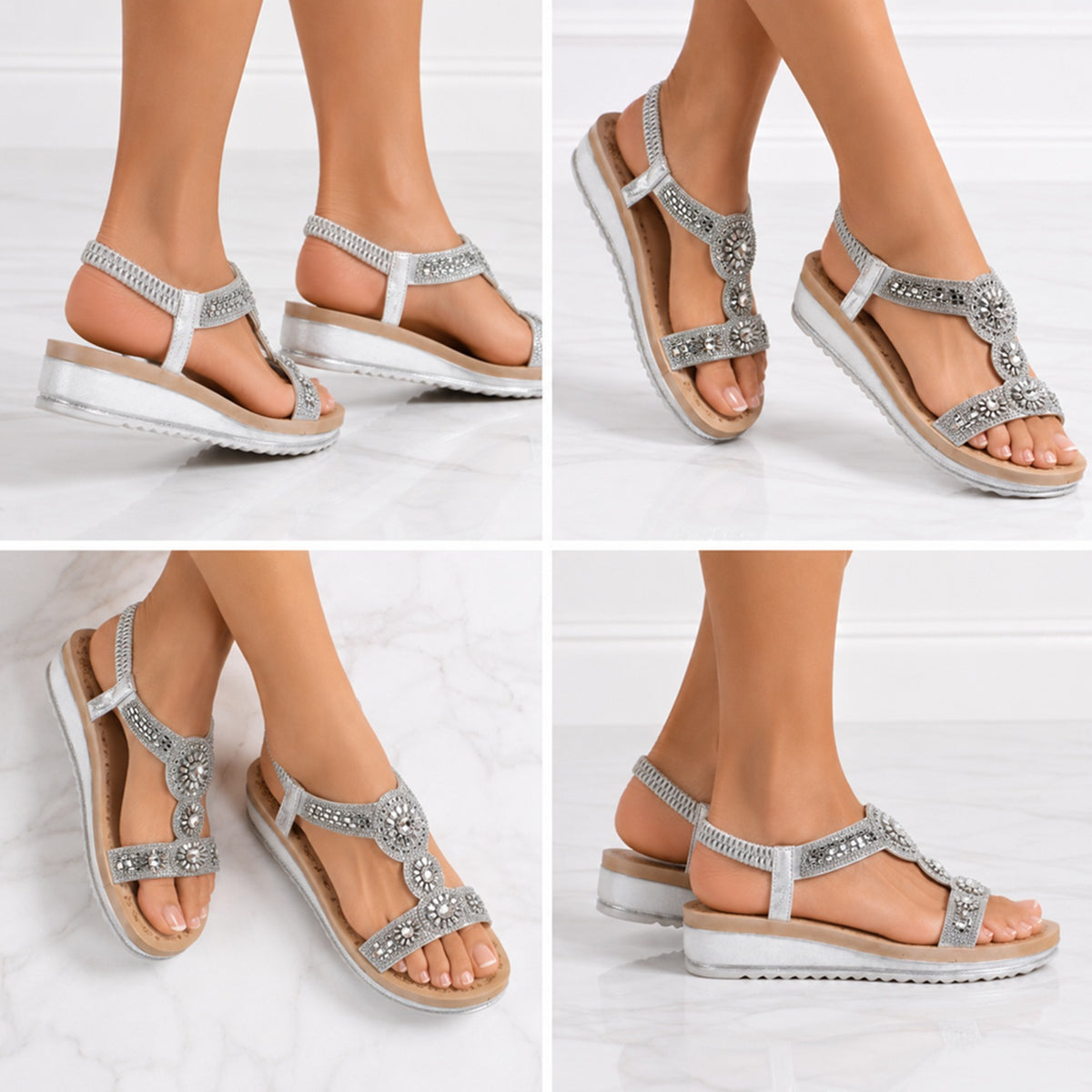 Silver Embellished Toe-Post Trim Elastic Back Comfort Sandals