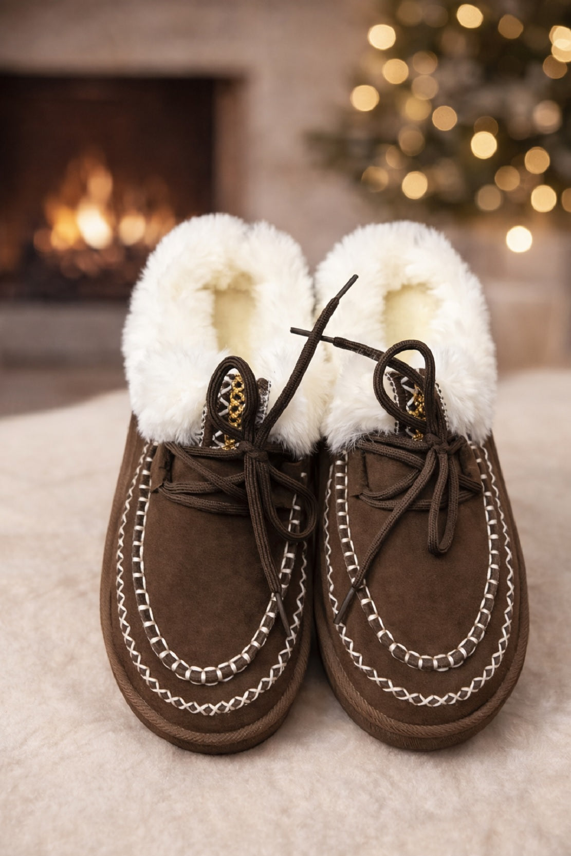 Embroidered Fluffy cozy moccasin-inspired slipper Brown  Slippers