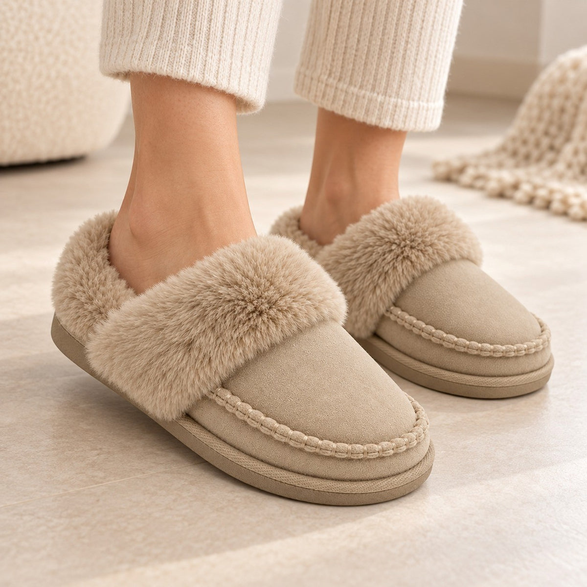Women's Faux Fur Trim Slip-On Mule Slippers