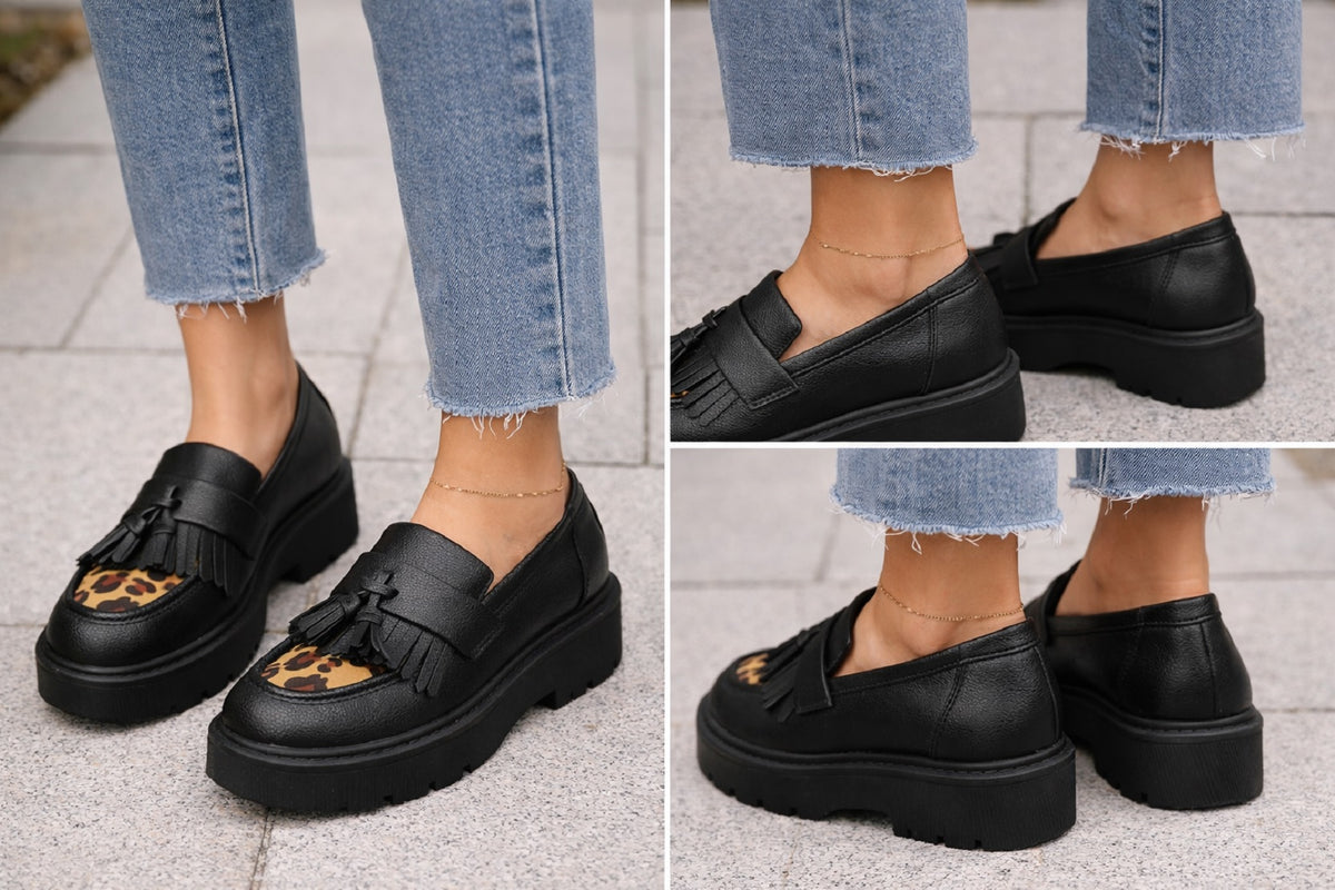 Women’s PU Loafers Leopard Print Tassle Chunky Sole Black Shoes