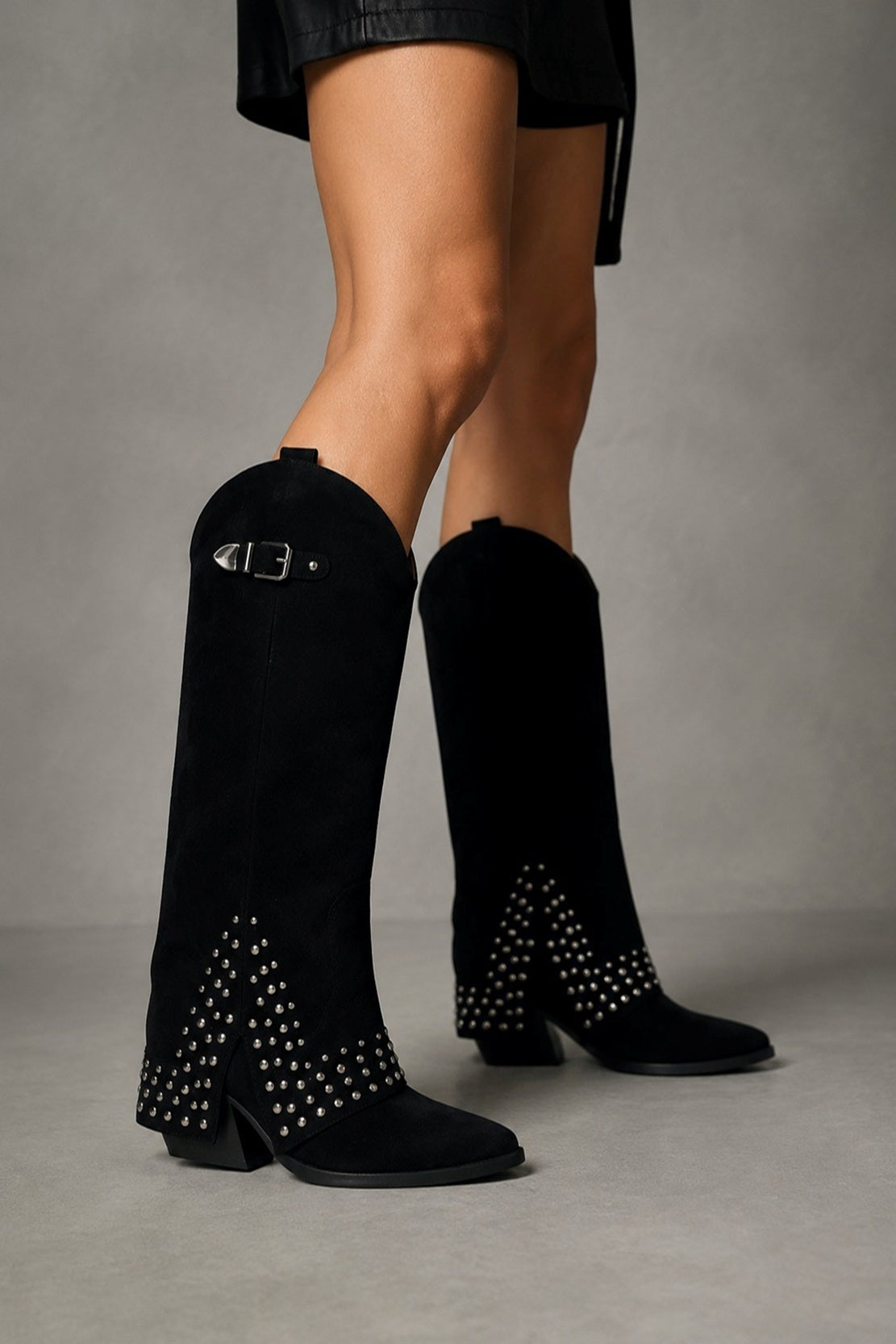Studded Pointed Toe Knee High Western Boots