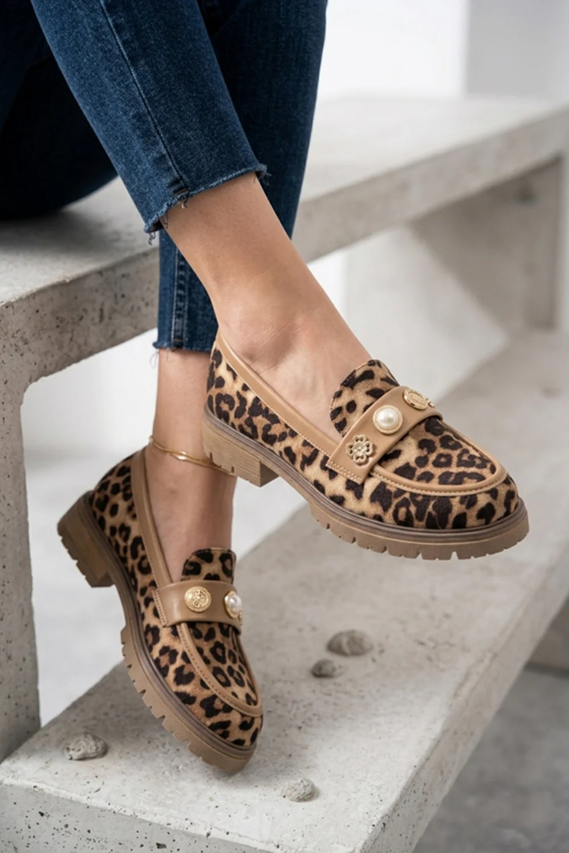Brown Leopard Print Embellished Flat Loafers