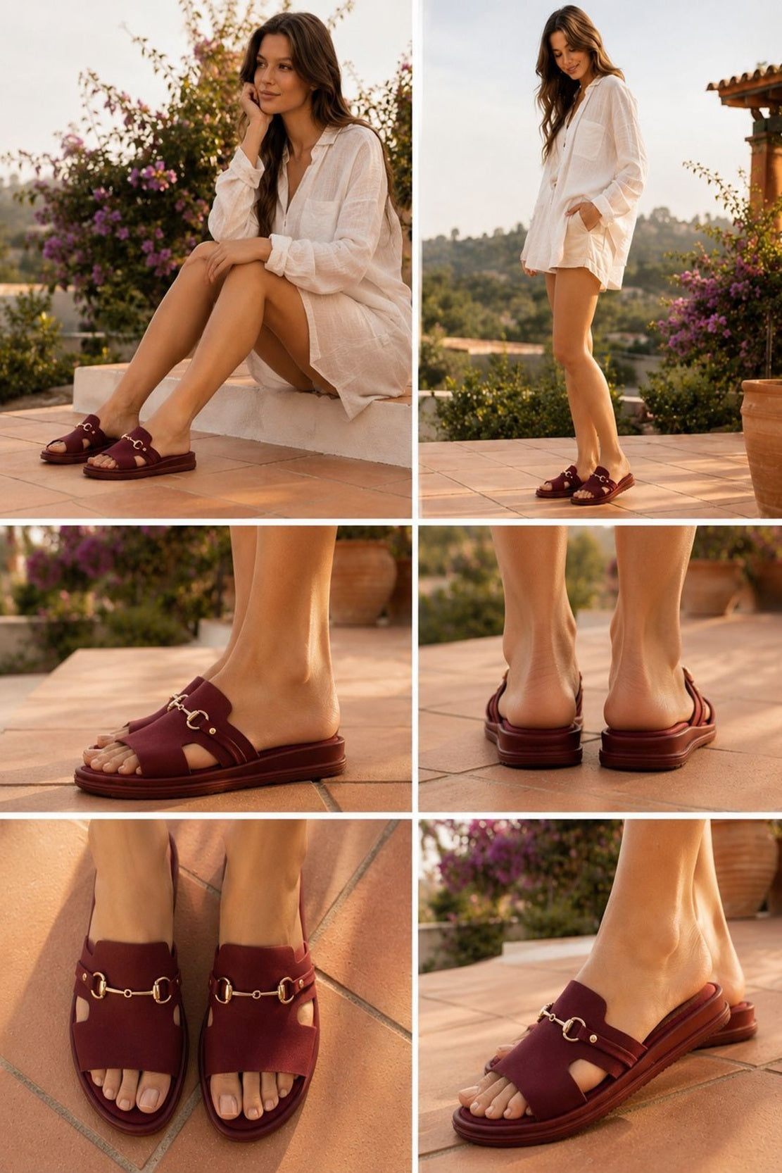 Burgundy Buckle Detail Slide Sandals