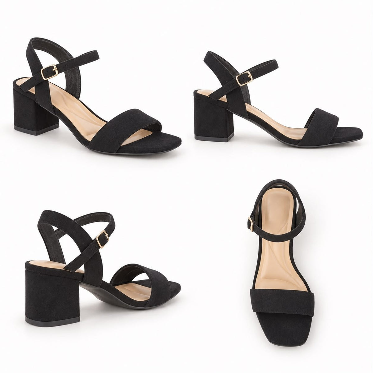 Black Square Toe Block Heel Ankle Strap Sandals