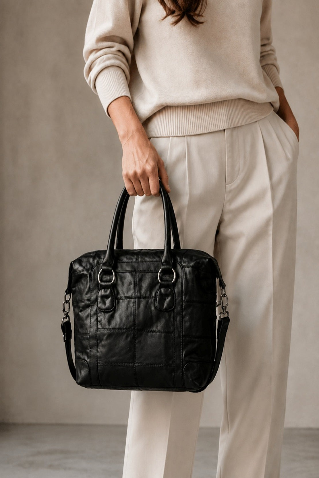 Large Tote Bag in Soft Black Sheep Nappa Leather.