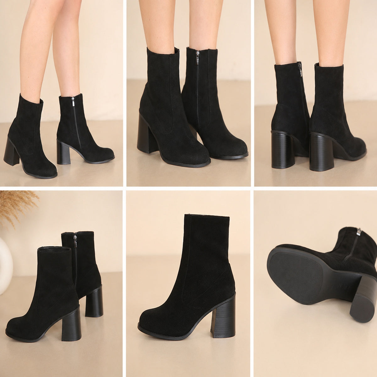 Black Suede Zip Block Heeled Ankle Boots