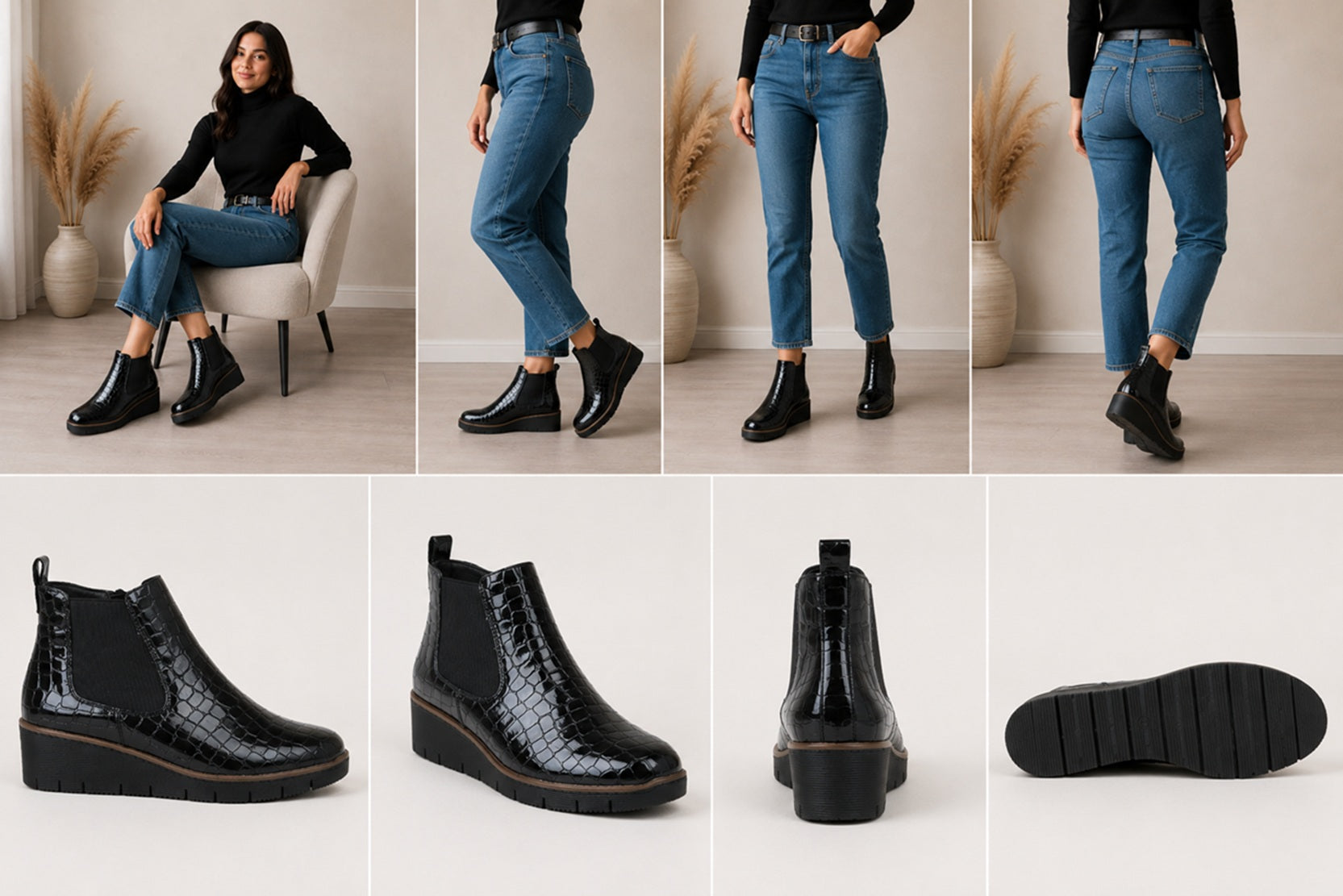 Black Patent Croc PU Wedge Twin Gusset Zip  Ankle Boots