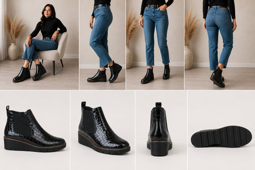 Black Patent Croc PU Wedge Twin Gusset Zip  Ankle Boots