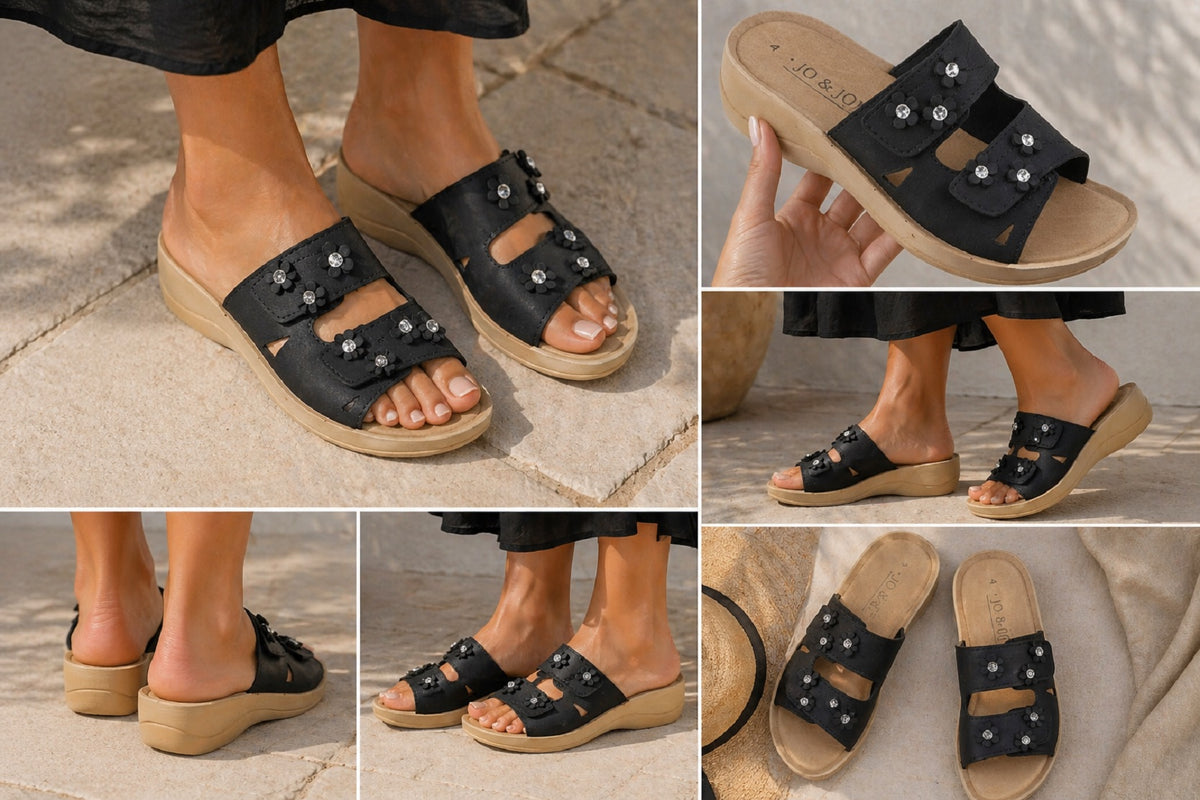 Floral Twin Strap Mules with Diamante Trim