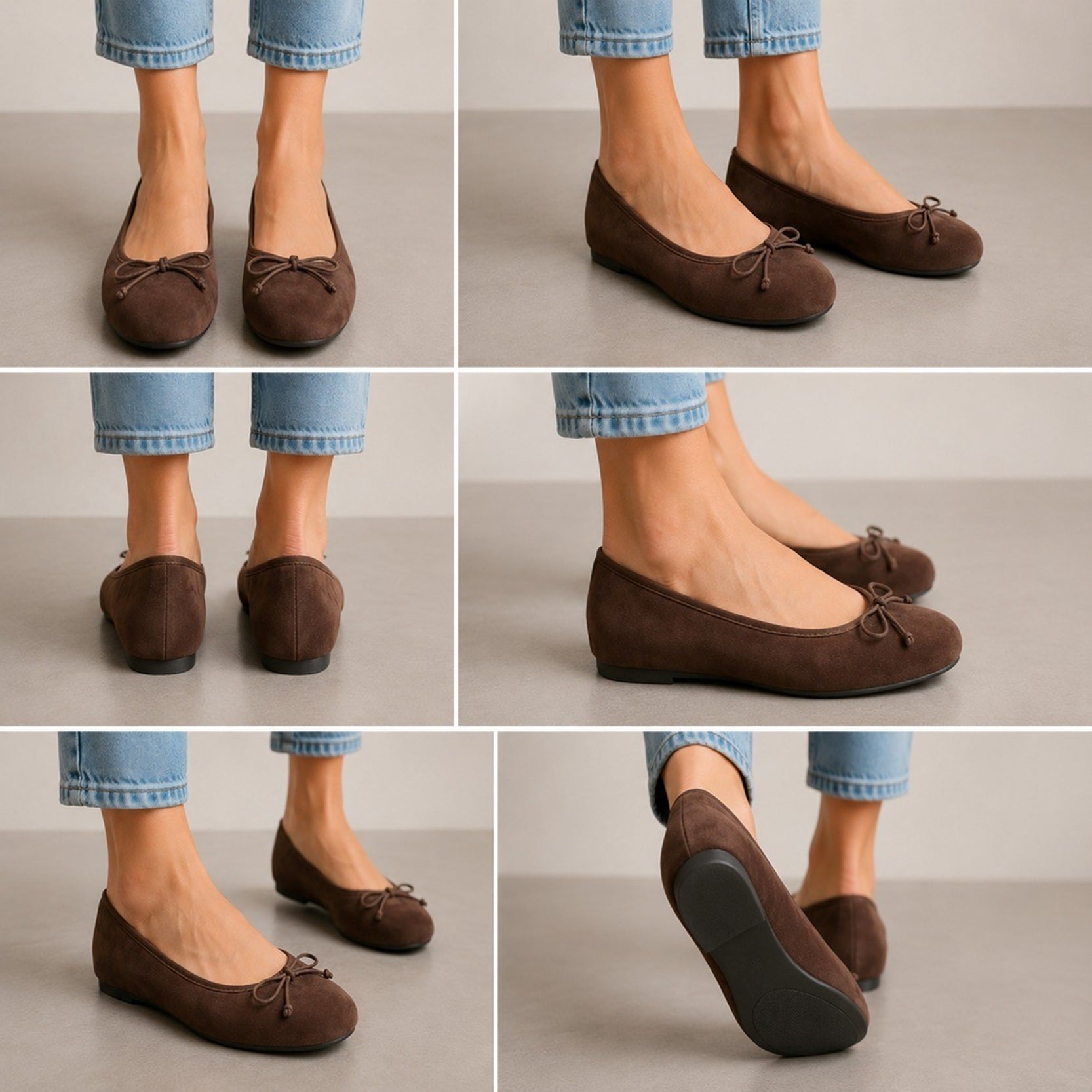 Women's Wide Fit Brown Suede Ballet Flats with Bow Detail