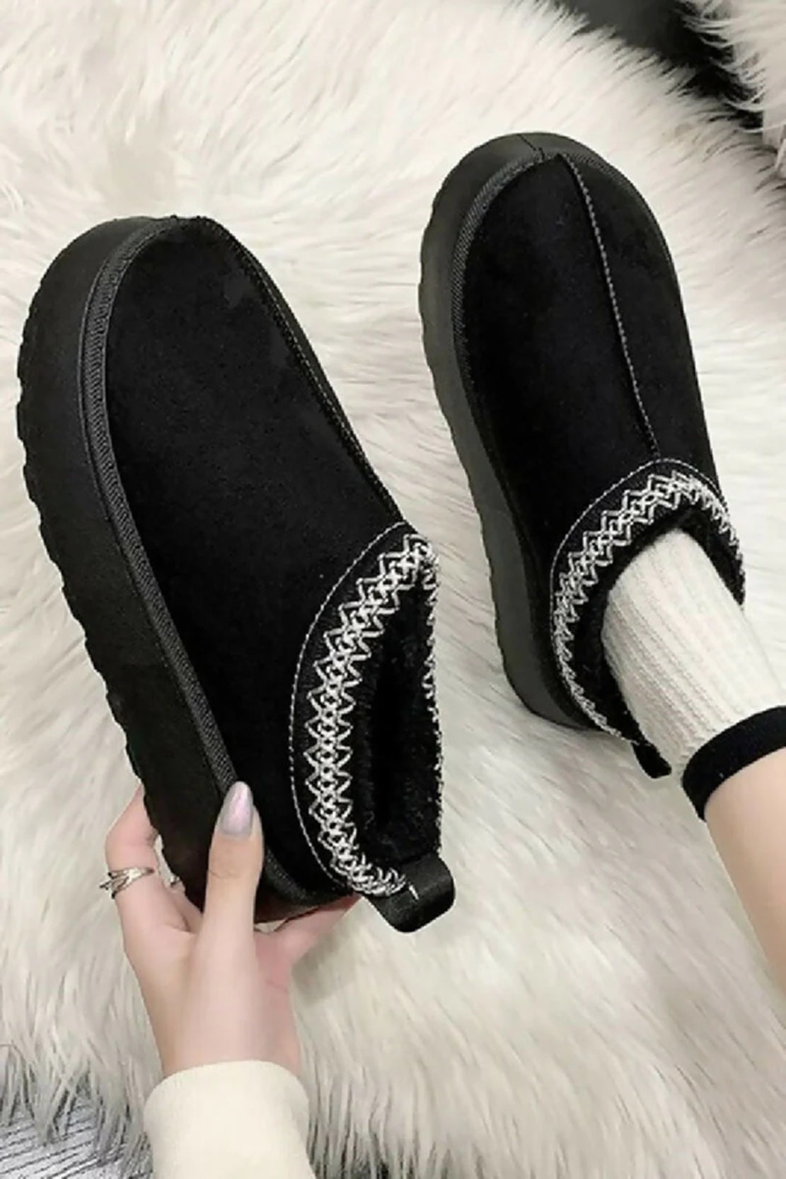 Embroidered Fluffy Platform  Black  Slippers
