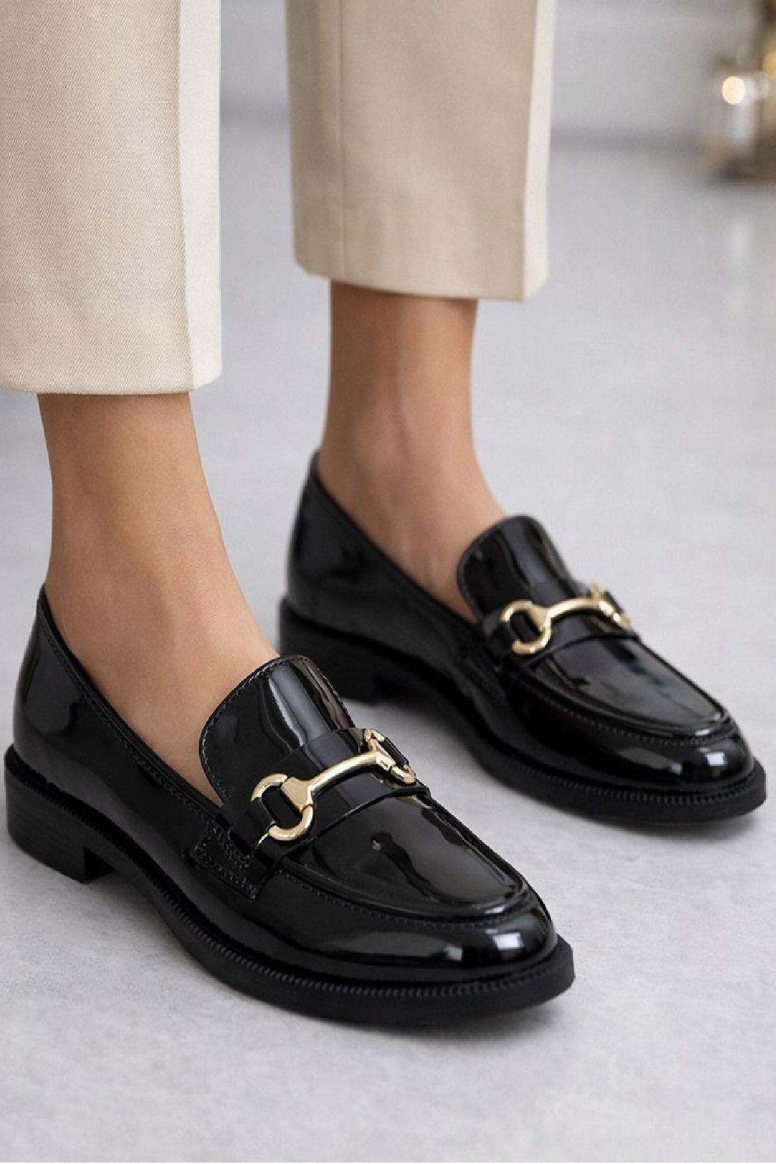 Black Patent Loafers - Glossy Metal Bit Slip-On Flat Shoes
